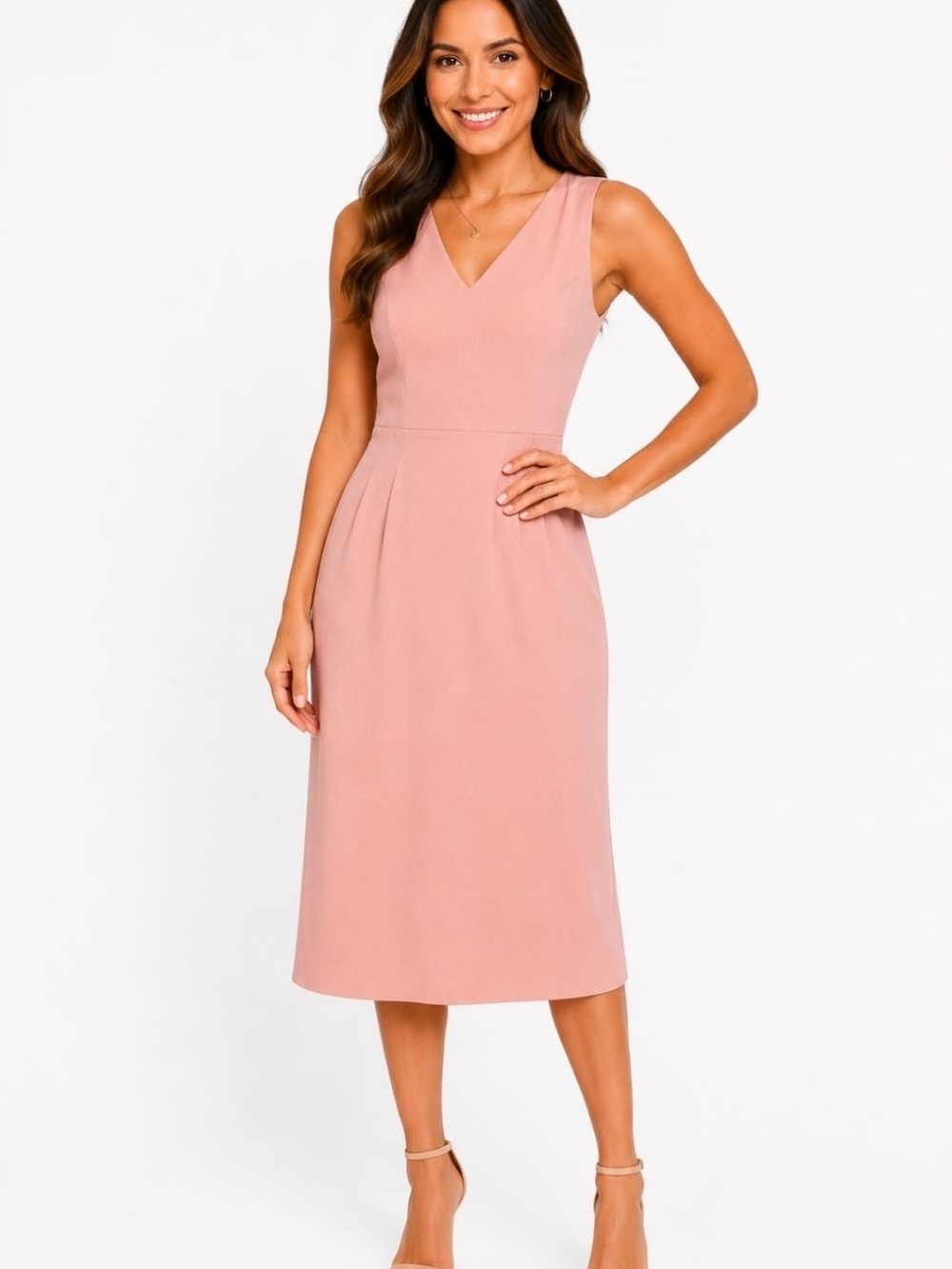 Dress the Population Sleeveless V-Neck Midi Dress in Blush Pink